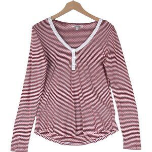 Lucky Brand Striped Lace Trim Henley Long Sleeve Top L